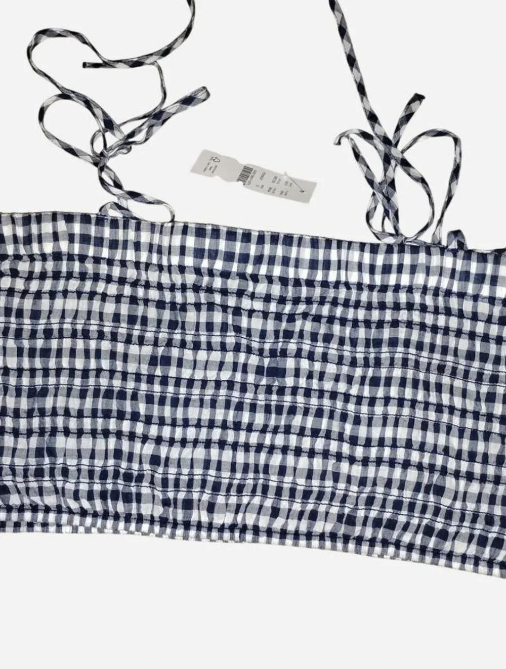 J.Crew Smocked Gingham Tie-Strap Crop Top - Navy / White - Size Small